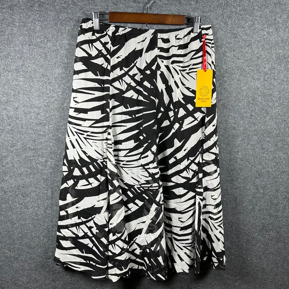 Ruby Rd Petite Black White Palm Leaf Print Midi Skirt 12P NWT Chiffon 32721